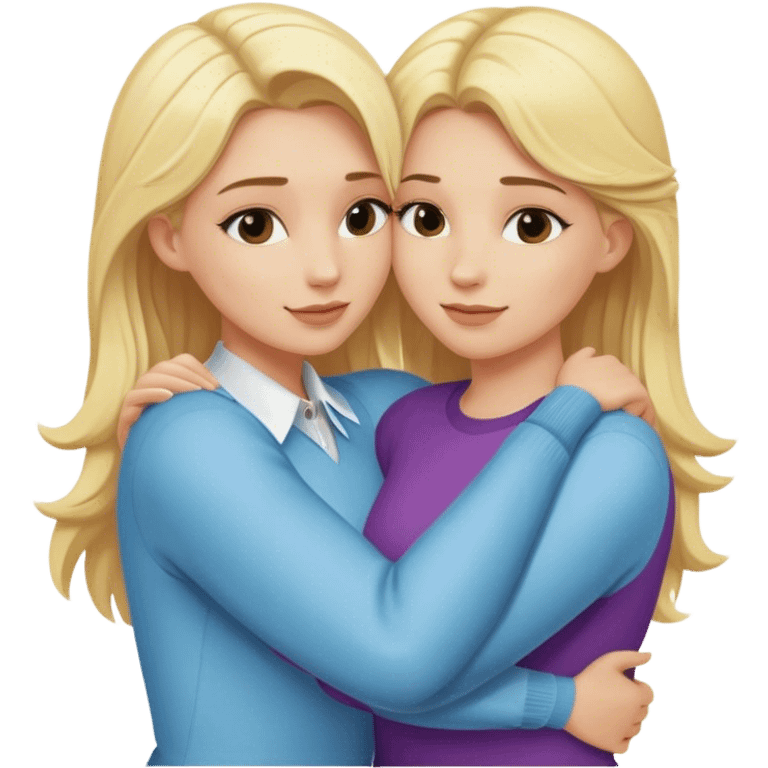 Two blue-eyed blondes in different clothes hug each other emoji