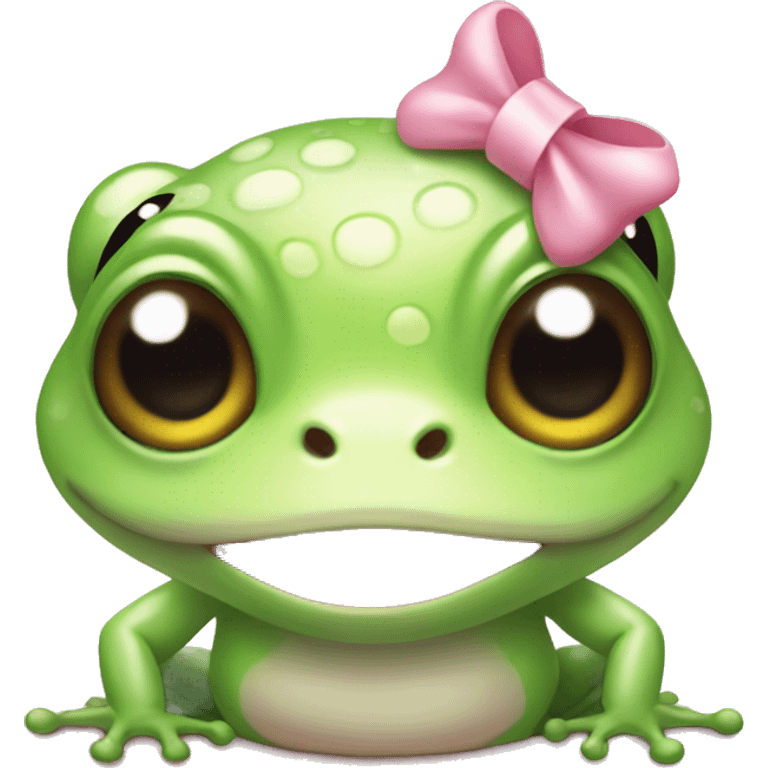 A cute frog with a light pink bow on the side of his head emoji