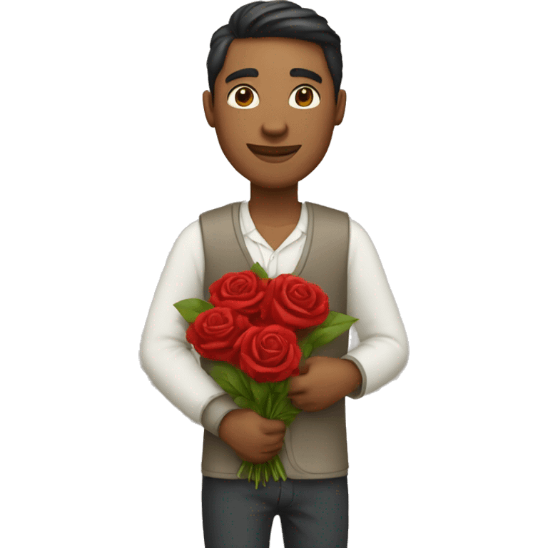 Ypung man with social cloths carrying a bouquet of red rose flowers emoji