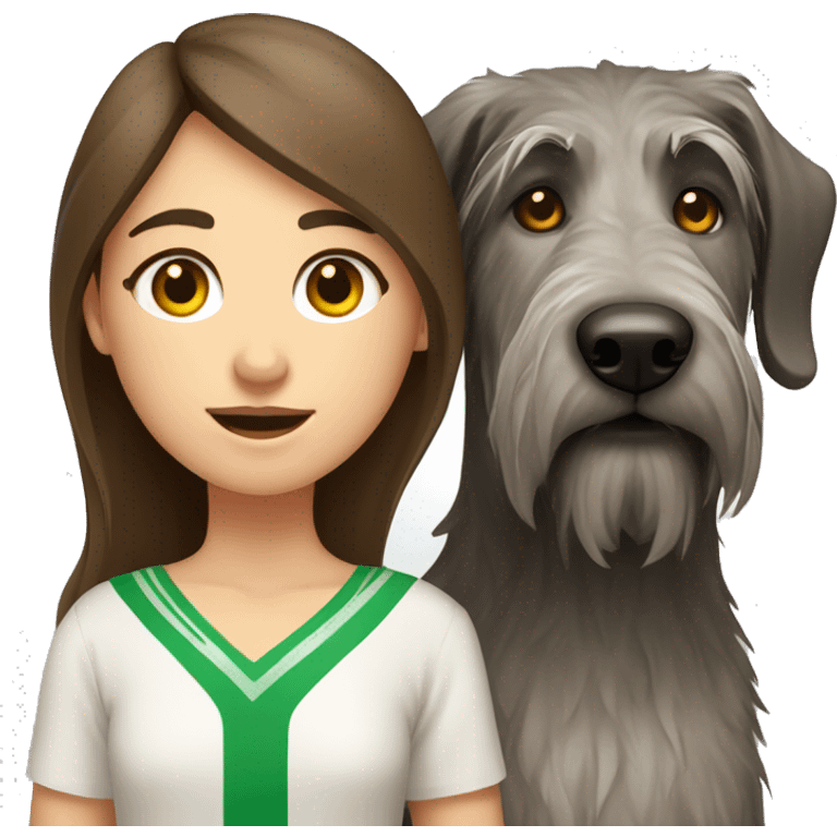 brown hair girl and Irish wolfhound dog with white spot on chest emoji