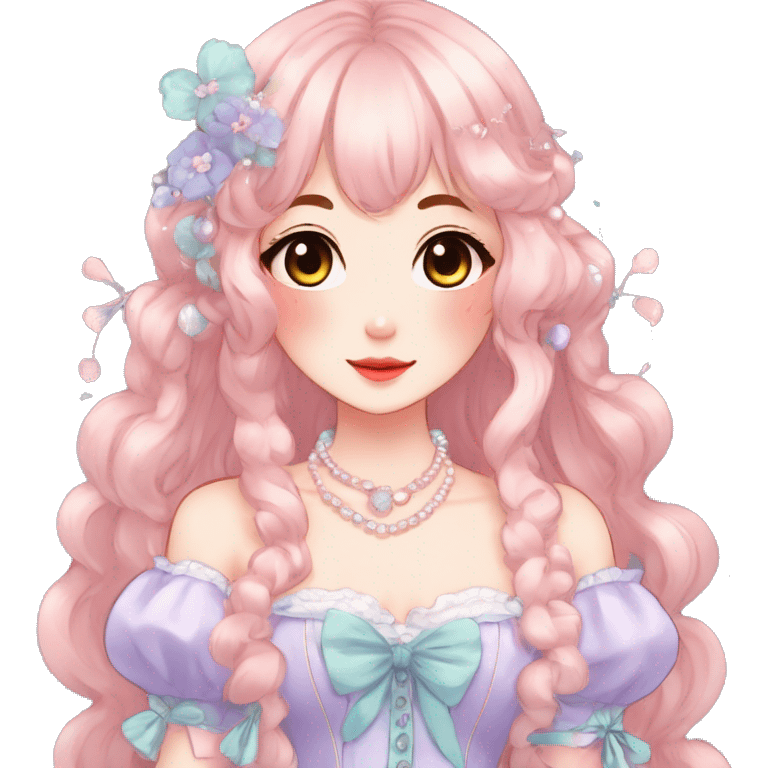 Gorgeous anime style lady with blushing face and accessories cottagecore fairycore Kawaii anime colorful pearly romantic aesthetic trending style emoji