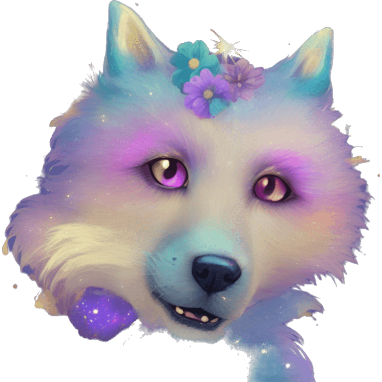 iridescent kintsugi fluffy zombie dog fox head zombie skull skeleton gold mechanical nebula galaxy stars colorful flowers fairy lights vintage zombie emoji