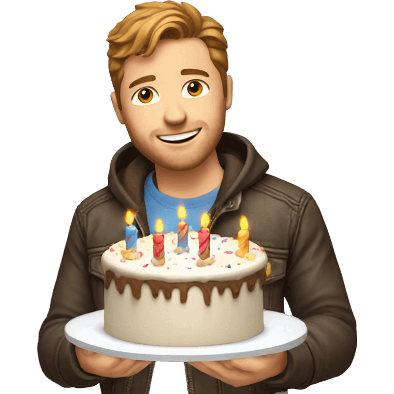 White man brown hair jeans jacket with birthday cake emoji