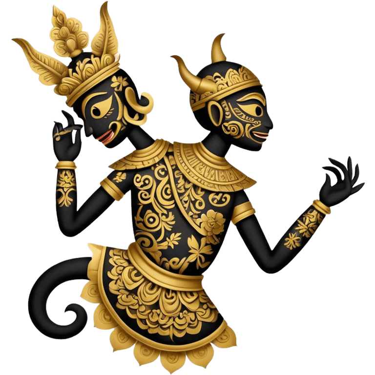 Cinematic Realistic Wayang Kulit Emoji, depicted as an intricate shadow puppet with detailed cut-out figures and traditional patterns, rendered with crisp textures and dynamic cultural lighting that captures its ancient artistry. emoji