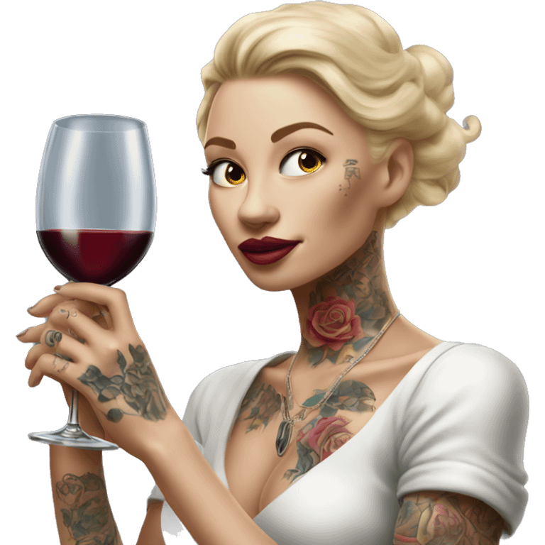 Blonde elegant women, her body covered with tattoos, wine in her one hand, pointing myself with her other hand , Hyper realistic emoji