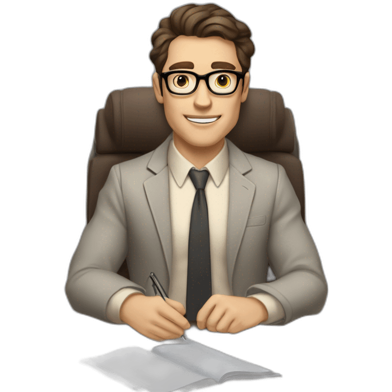 Pale skinned Fit Man With dark brown hair in gray jacket, beige office shirt, Brown pants and vintage glasses sitting In a soft chair with a notebook on spring with emblem Ψ and a pen emoji