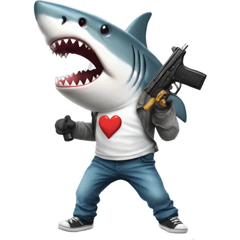 shark with a gun and a shirt with an white f emoji