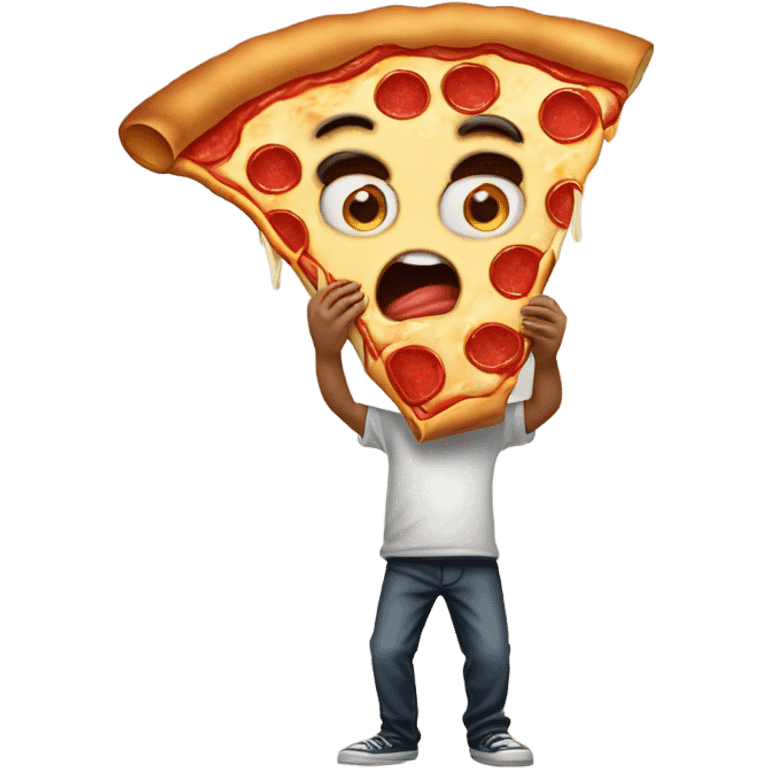 stupid boy eating a huge pizza which is coming out from his eyes emoji