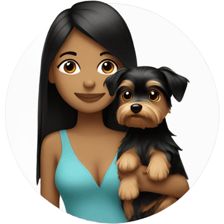 Tan girl with black straight hair hugging a Yorkie  emoji