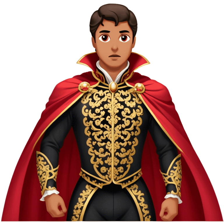 Spanish Matador – Cinematic Realistic Spanish Matador, portrayed in an ornate traje de luces with a flowing red cape, standing poised in a classic bullring with swirling dust and dramatic light, his intense expression and elegant stance capturing both bravery and artistry. emoji