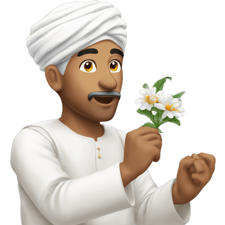 Omani man wearing white turban and catching flower on his mouth  emoji