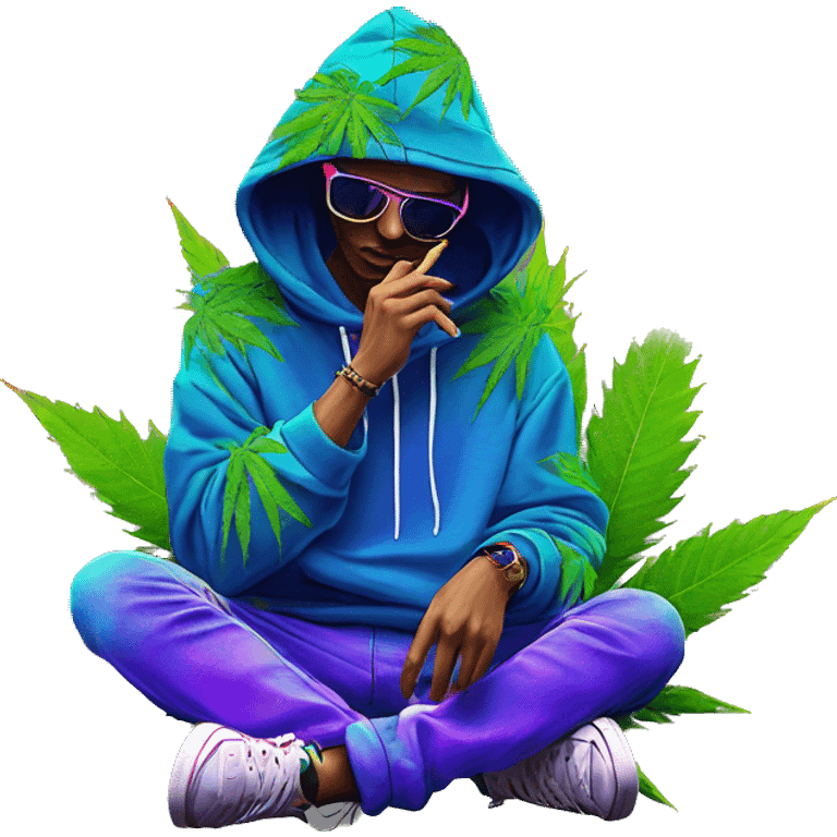 Hemp leaves Multicoloured neon person smoking wearing hoodie dancing hip hop bucket hat tropical Skater fashion aesthetic baggy clothes graphic t shirt 420 emoji