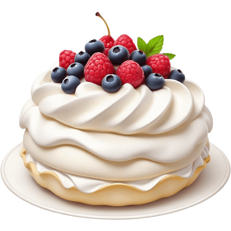 Cinematic Realistic Pavlova Dessert Emoji, showcasing a delicate meringue dessert topped with fresh fruit rendered with lifelike texture and soft natural lighting. emoji