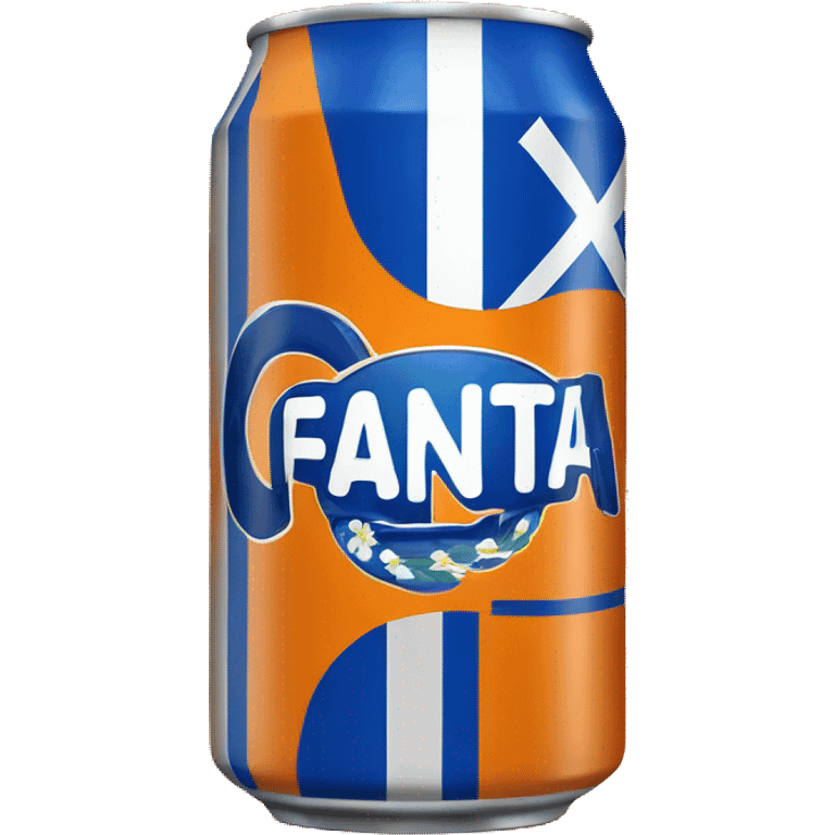 Blue Fanta can with Greek flag printed. An orange next to it emoji