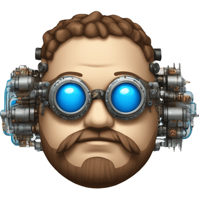 Fat cyborg head with blue steampunk goggles, brown beard and circuits emoji