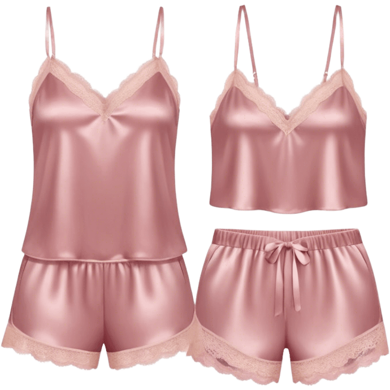 Dusty pink satin pajama shorts and camisole set with lace trim  emoji