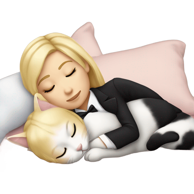 White girl blonde hair sleeping with kitty. kitty has tuxedo markings emoji