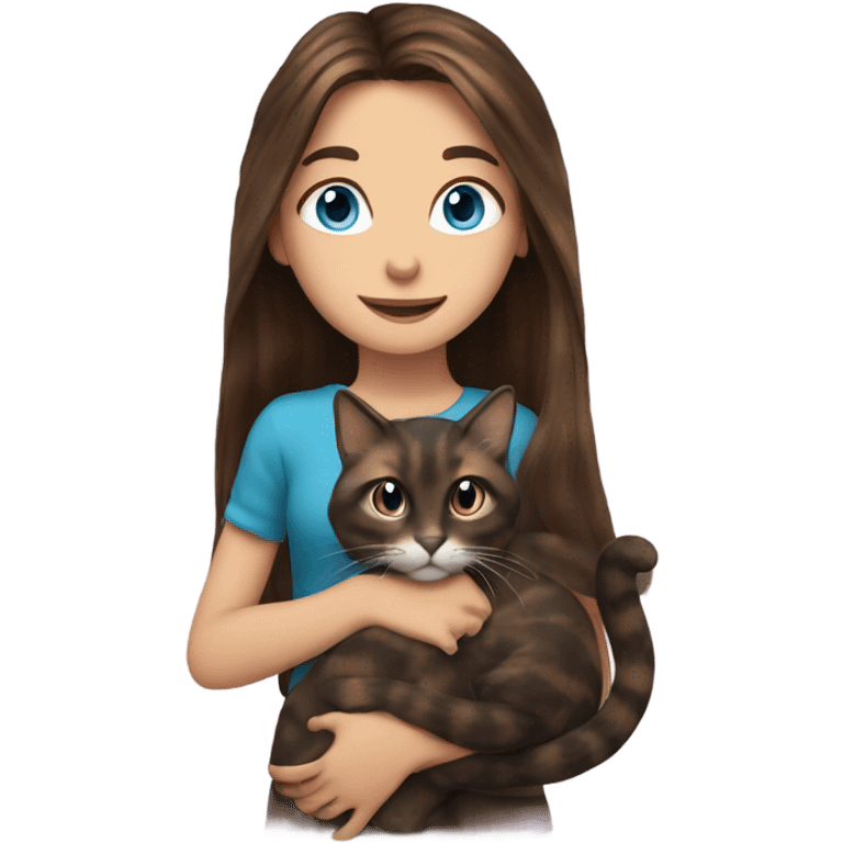 Long haired brunette blue eyed girl holding a long haired tortishell cat emoji