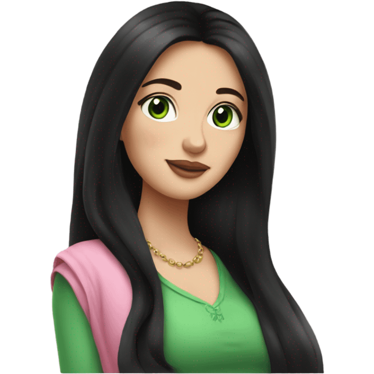 Beautiful Russian lady with green eyes and very long black hair pink clothes pregnant emoji