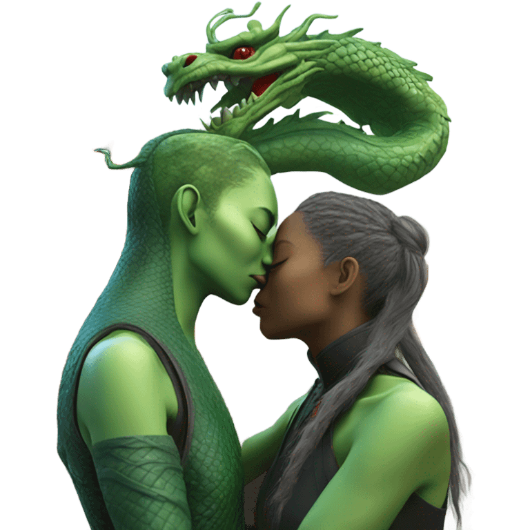 Photo realistic, alien female green, kissing and embracing china dragon emoji