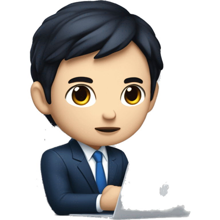 memoji of a young man with a laptop in the left front, apple-style, on the laptop there is a blue sticker with 4 letters: "WYZE". modern, dark hair, dark blue suit, laptop in hand, laptop on the table,  chinese skin, sitting on this desk. emoji