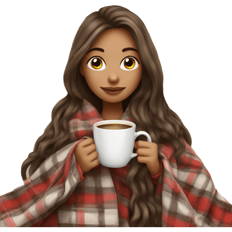 Beautiful girl with long hair wrapped in cozy plaid blanket drinking coffee emoji