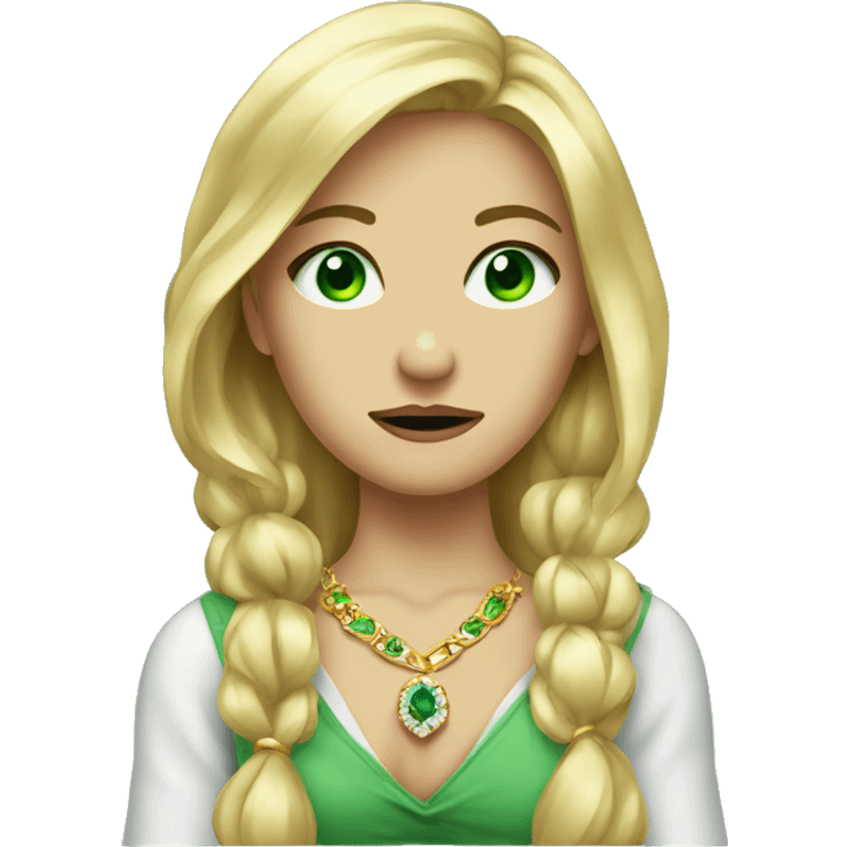 blonde girl portrait with jewelry green eyes and shrugging emoji