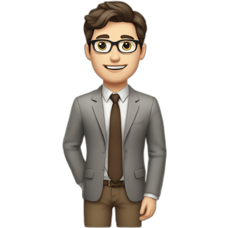 Pale skinned fit man with dark brown hair in gray jacket, beige office shirt, brown tie, brown pants and vintage glasses Writing on the flipchart emoji