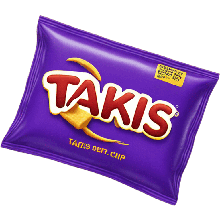 A purple chip bag that says takis emoji