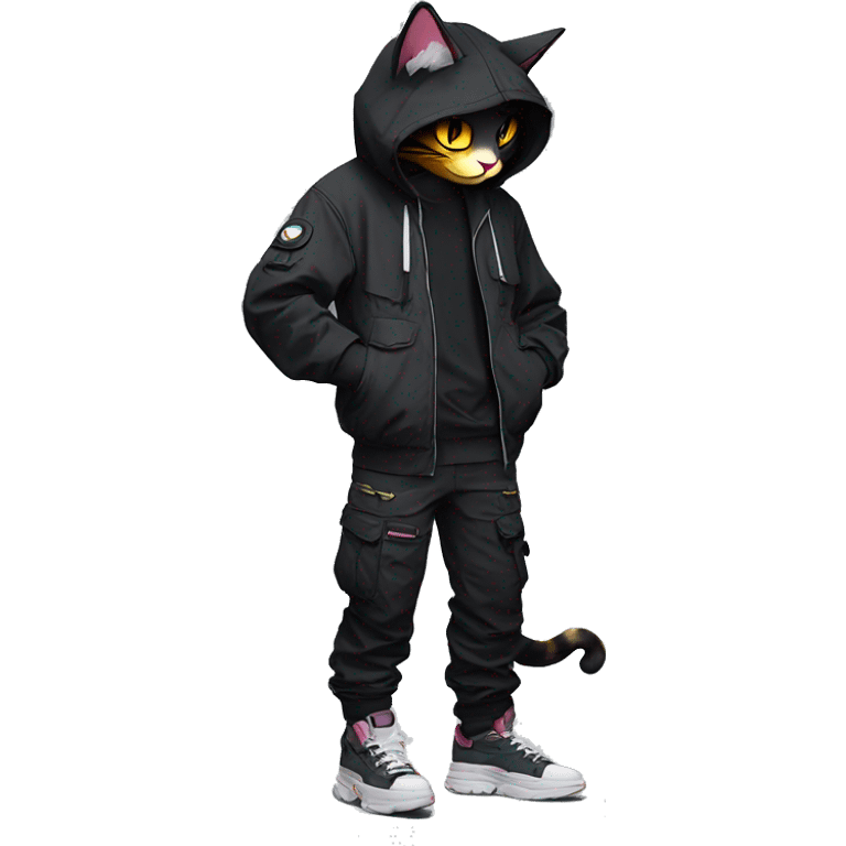 Edgy Anthro cool cute beautiful pretty anime dark cat-Pokémon-fursona techwear cargo pants hoodie emoji