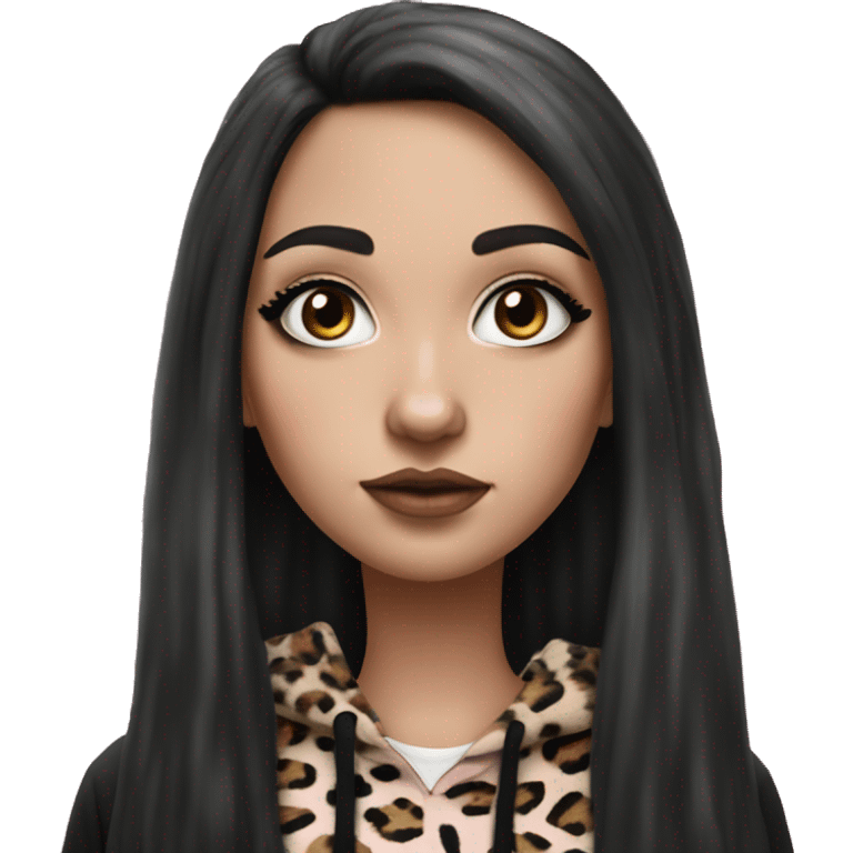 Hyperrealistic white girl with long black hair with a pink fringe and has eye makeup on, she is wearing a black and leopard print hoodie  emoji