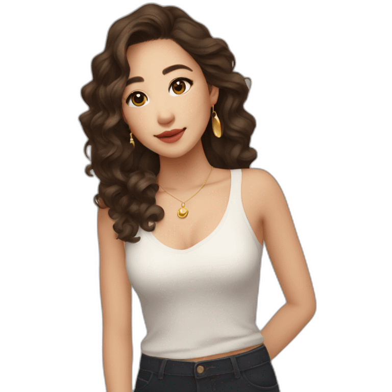 create an emoji of myself 30 year old female half asian brown hair and hazel eyes collar bone length loose curls hair with little gold earrings emoji