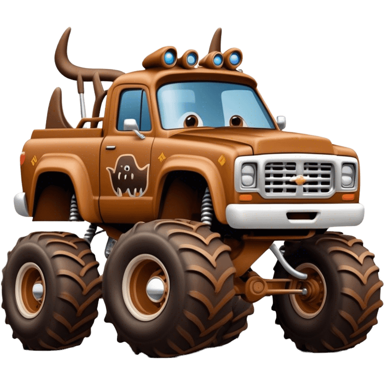 Monster Mutt - Monster Jam (Model Year: 2021) (Iconic colour: Brown with dog features) - A unique monster truck with playful, dog-inspired design cues. The vehicle is painted in warm brown tones and features subtle dog motifs (such as a stylized snout or ear shapes). It should blend the rugged power of a monster truck with quirky, endearing canine features. emoji