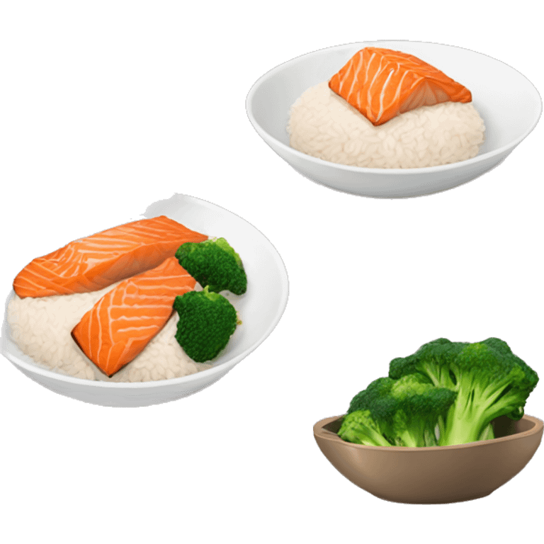 Bowl with rice, fried salmon and broccoli pieces  emoji