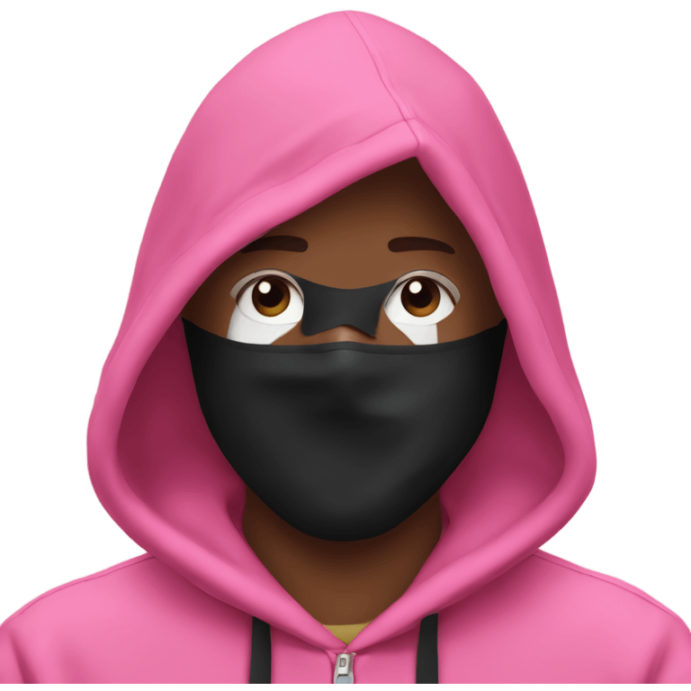 A man with a pink hoodie and a black mask with a triangle inside of it ￼  emoji