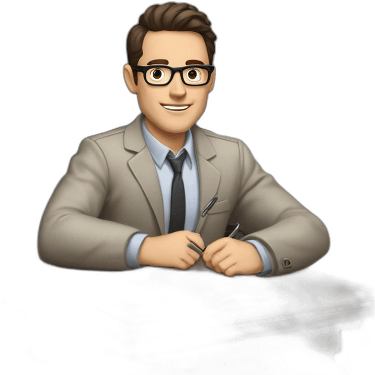 Pale skinned Fit Man With dark brown hair in gray jacket, beige office shirt and vintage glasses sitting In a soft chair with a notebook with emblem Ψ and a pen in his hands emoji