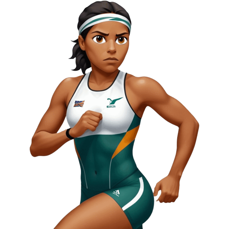 Cinematic Realistic portrait of Cathy Freeman, shown as an iconic Australian athlete with a focused, determined expression and modern athletic attire accented with subtle native motifs, rendered in dynamic, vibrant lighting emoji