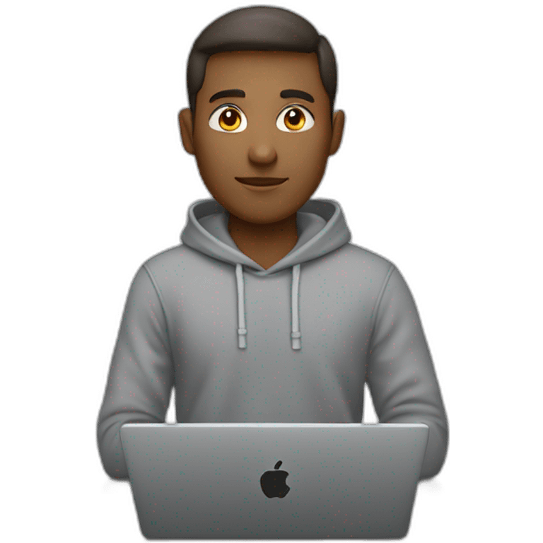 A white software developer in a gray hoodie in front of an apple laptop emoji