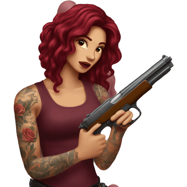 Beautiful tattooed burgundy long haired woman shooting a gun emoji