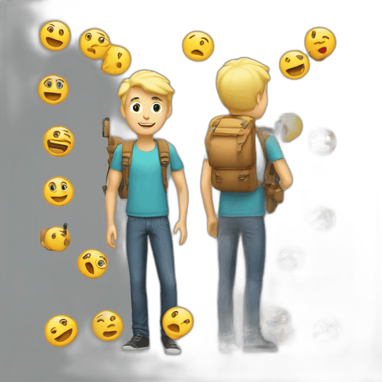 Blonde guy filming with a selfstick and backpack emoji