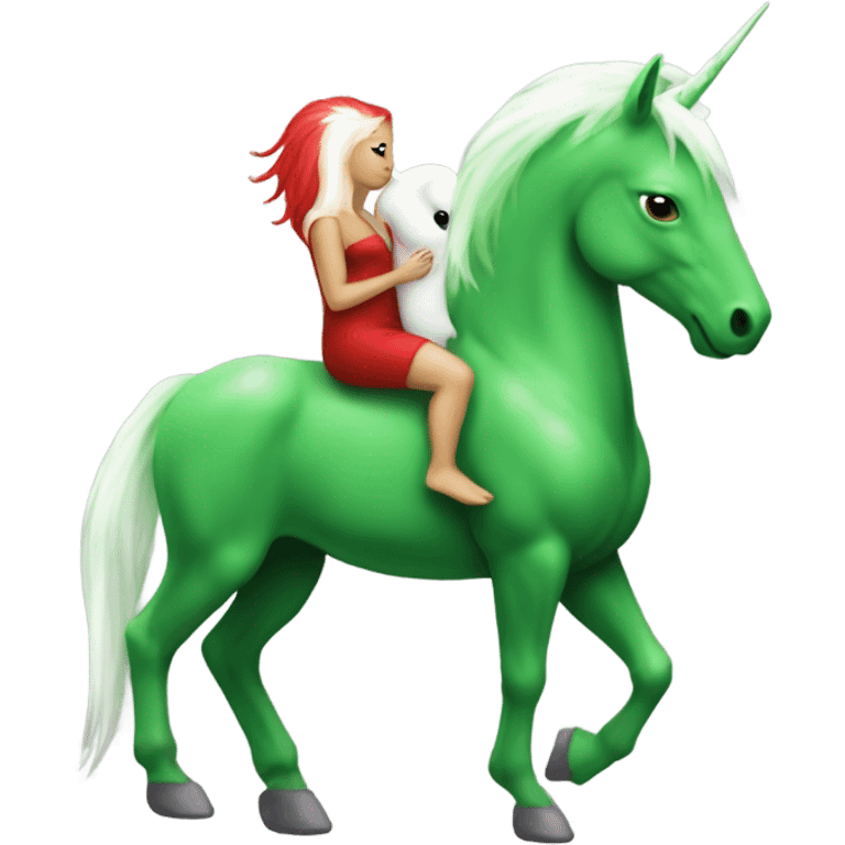 four-legged red unicorn white. a green amazon alien woman, on a unicorn emoji