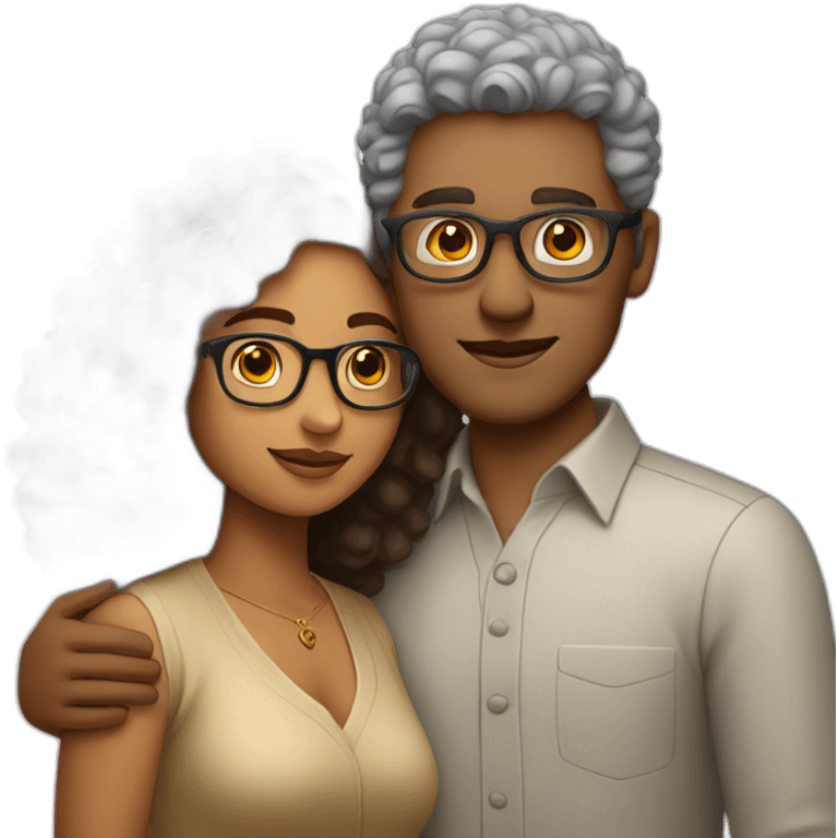 Indian woman with curly hair hugging a « tall white man wearing glasses » emoji