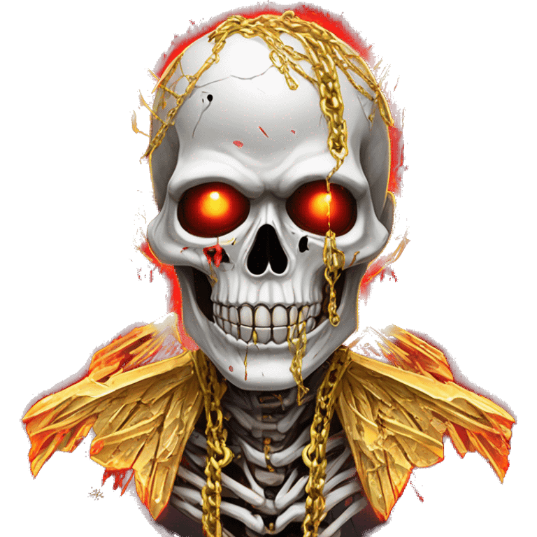 White skeleton zombie person covered in golden chains and black graffiti scribbles and red and silver doodles wings made of neon lightning snowing snowflakes emoji