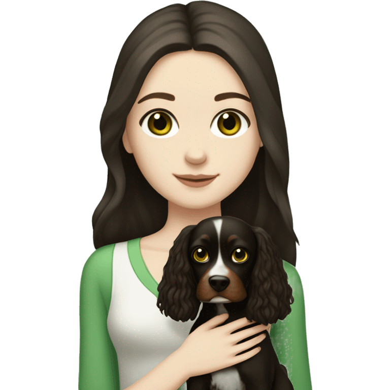 pale skin girl with green eyes with long dark brown hair that had a flower in her hair  holding a black and brown cavalier dog  emoji