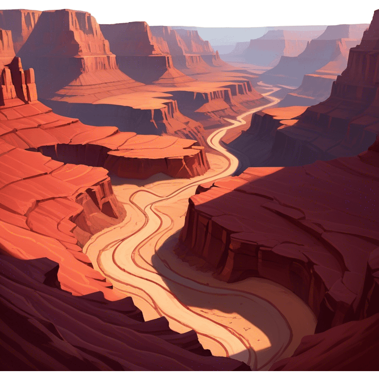 Cinematic Realistic Canyon Emoji, Vast and rugged, with deep red rock formations and winding paths leading down to a dry, dusty floor. Sunlight casts long shadows across the craggy surfaces, highlighting the layers of ancient rock. Soft glowing outline, capturing the essence of dramatic beauty and ancient history in a mighty canyon. emoji