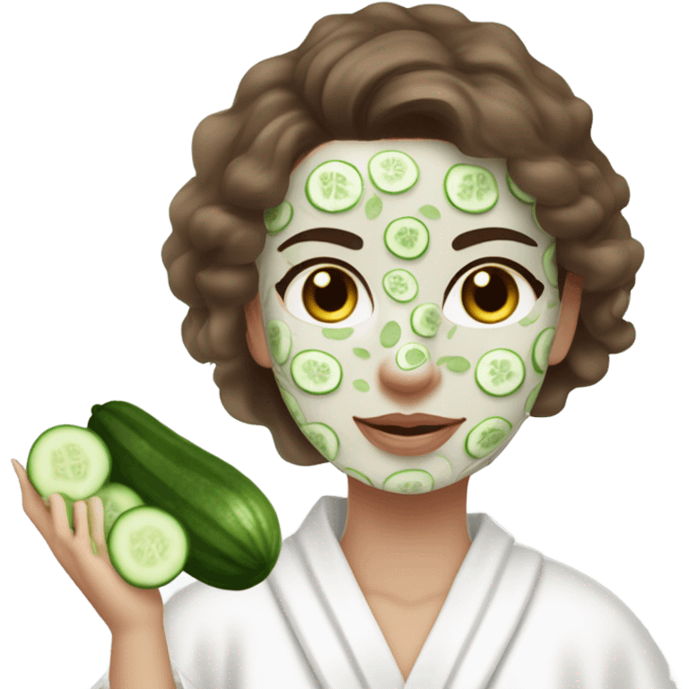 White girl with Brown hair and blue eyes wears a Green colored skincare clay textured mask and puts on cucumbers around her eyes while She relaxes in her white Robe emoji