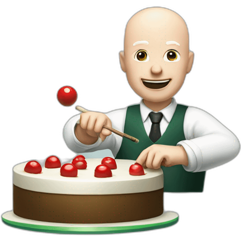 A white bald Man playing snooker with a birthday cake emoji