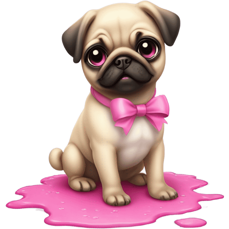 Baby pug with big pink
eyes wearing a pink bow above 1 ear sitting in a puddle  emoji