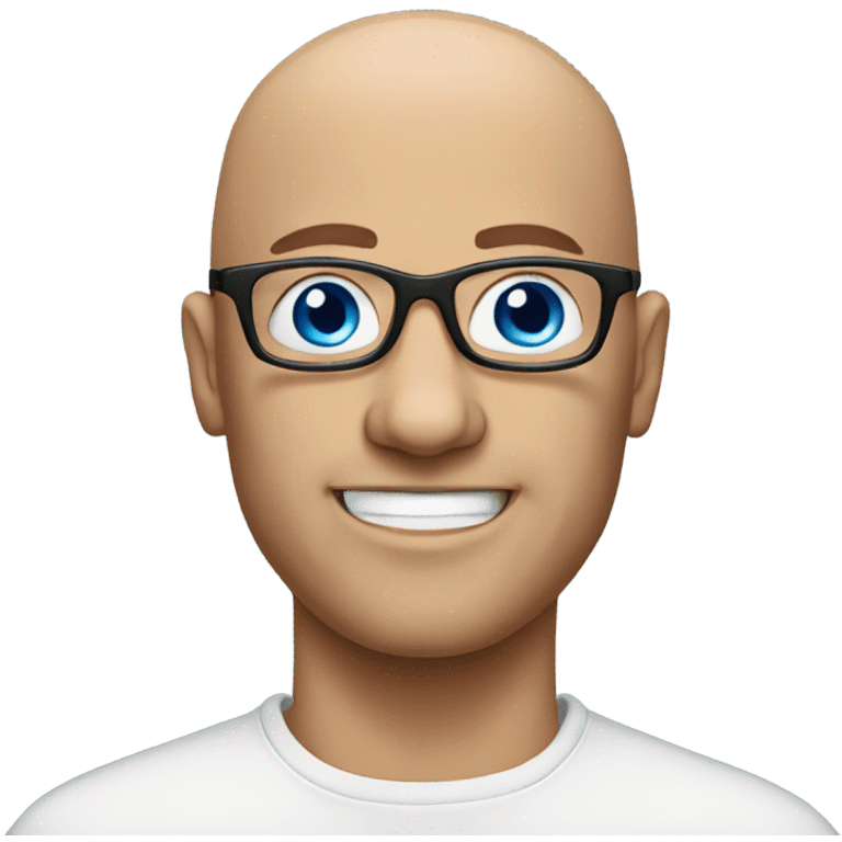 bald man with glasses indoors, blue eyes emoji