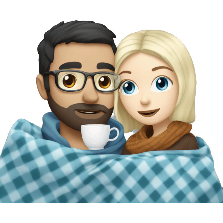 Pale blonde girl with blue eyes wearing glasses and pale man with short black hair and beard drinking tea under a blanket emoji